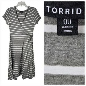 Torrid Gray White Striped Surplice Dress Faux Wrap Skater Midi Lightweight Knit